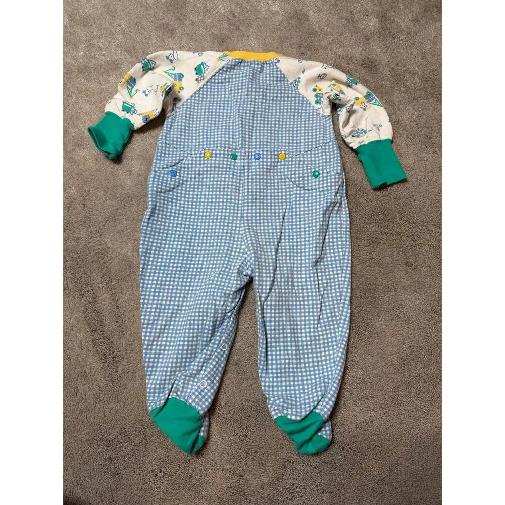 Vintage Rainbow Gymboree Infant Boys Blue Green Plaid Trucks One Piece 6-12 mo